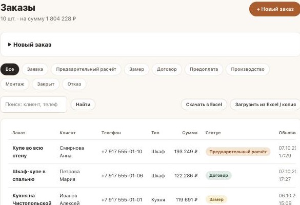 Список заказов со статусами и суммами